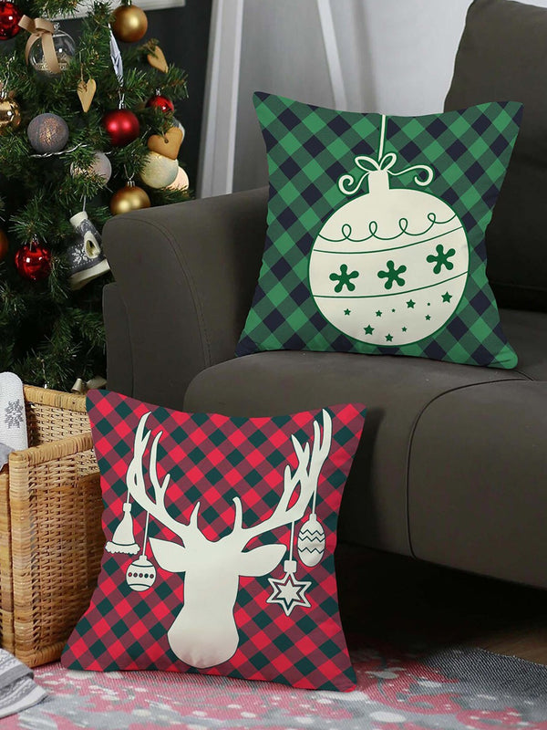 Set of 2 Green & Red Christmas Theme Printed Square Cushion Covers