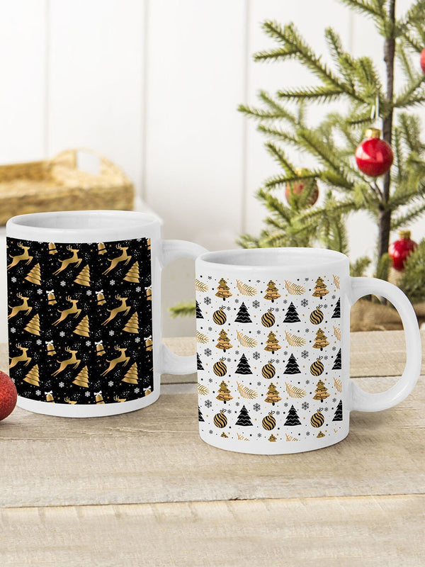 Set of 2 White & Black Christmas Printed Ceramic Matte Cups