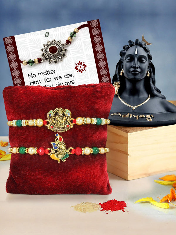 Adults Set of 2 Rakhi With Adiyogi Shiva Idol Greeting Card & Roli Chawal Set