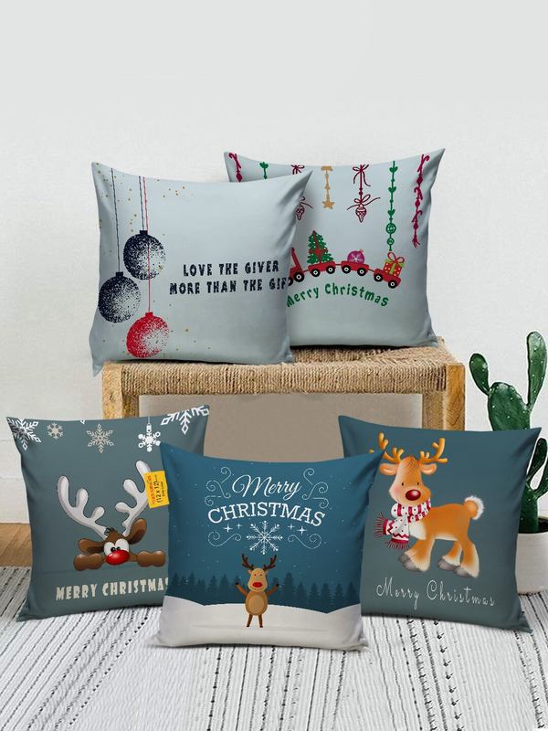 Blue & Grey Set of 5 Christmas Satin Square Cushion Covers