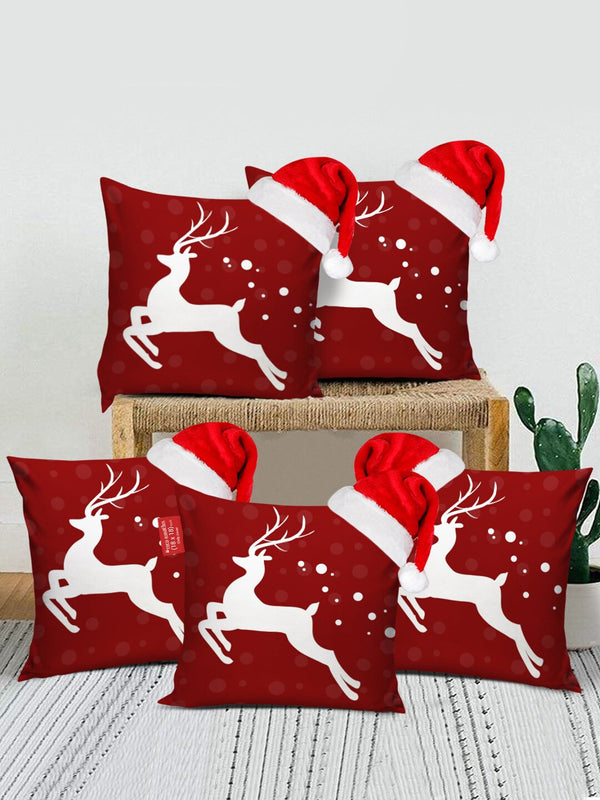 Red & White Set of 5 Christmas Printed Square Cushion Covers With Santa Caps