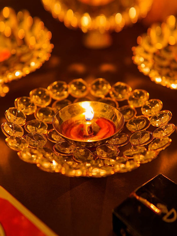 Antique Gold-Toned Crystal Design Akhand Brass Diya Oil Lamp