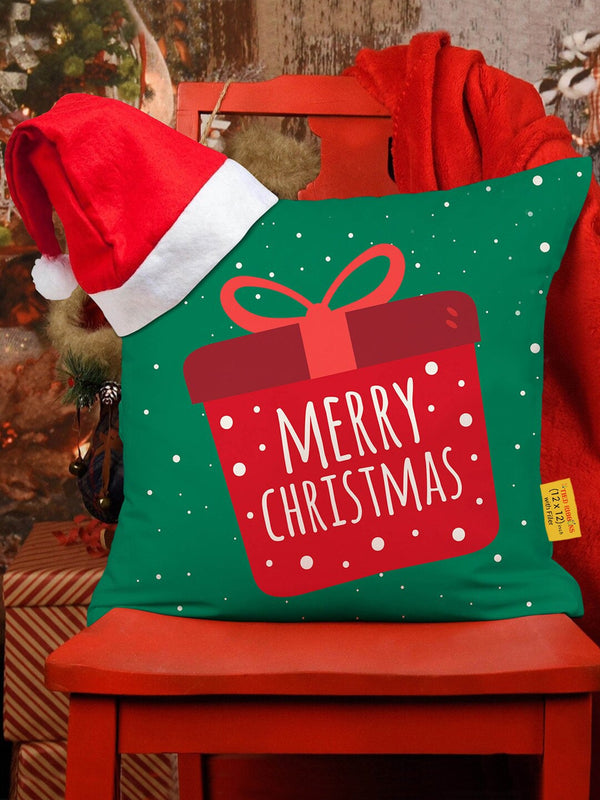 Green & Red Christmas Printed Cushion Cover With Filler & Santa Cap