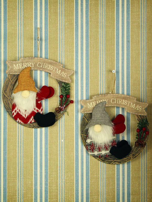 Set Of 2 Beige & Red Christmas Santa Wreath Hanging Festive Decor
