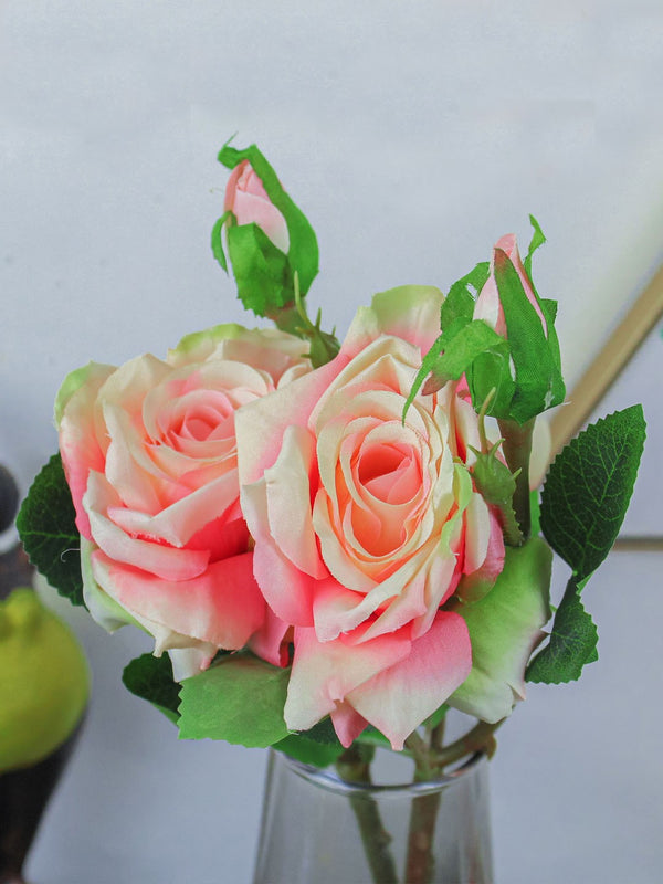 Pink & Green Set of 2 Artificial Rose Flowers Sticks Without Vase