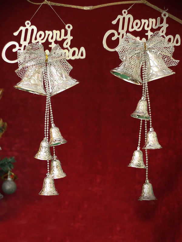 Set Of 2 Silver-Toned Christmas Tree Hanging Bells Wall Decor