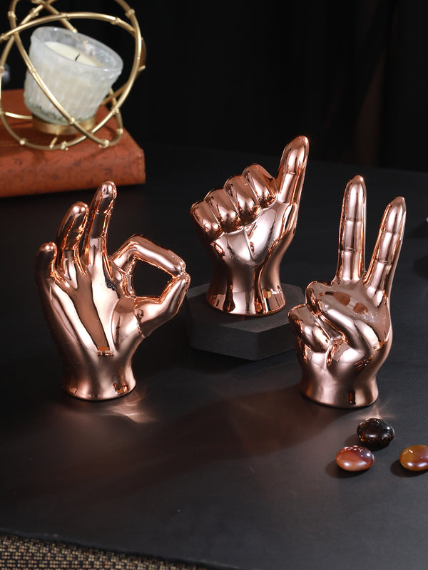 Copper Toned & Brown 3 Pieces Hand Sign Figurine Showpieces