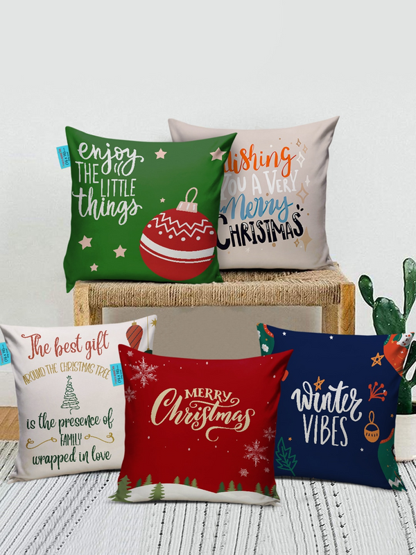 Christmas Red & Green Set of 5 Printed Square Cushion Covers