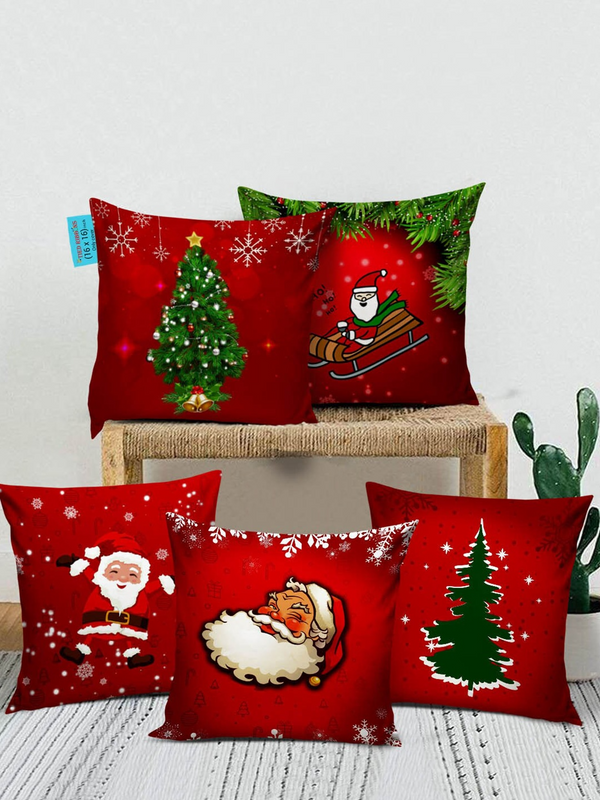 Multicoloured Set of 5 Christmas Theme Printed Square Cushion Covers