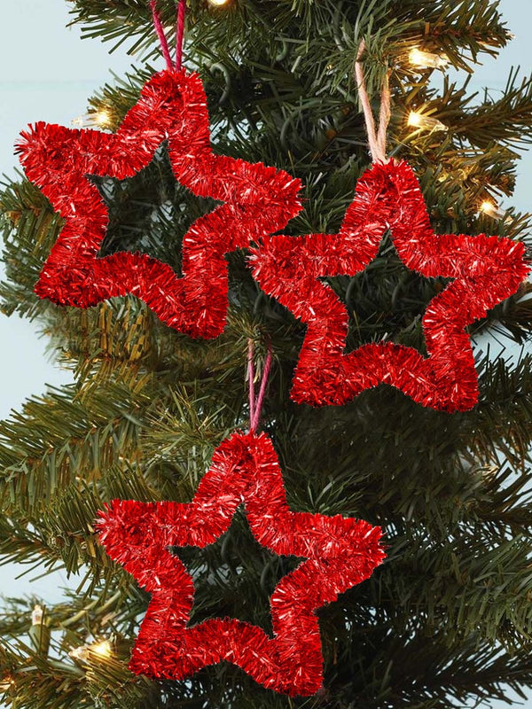 Red Set of 3 Stars Tinsel Christmas Tree Wall Door Hanging Decoration