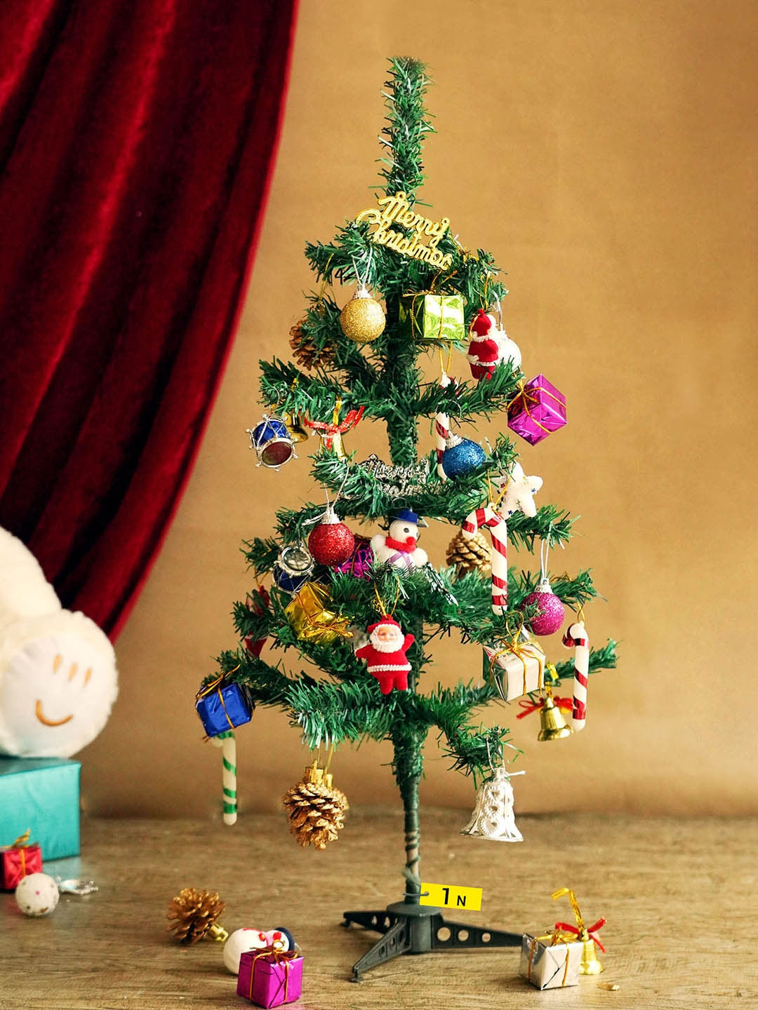 Buy | Green Christmas Decor Artificial Tree 1ft with 66 Ornaments Props ...