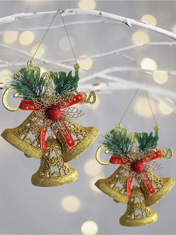 Set of 2 Gold-Toned & Green Christmas Wall Door Hanging Bells Gift Pack