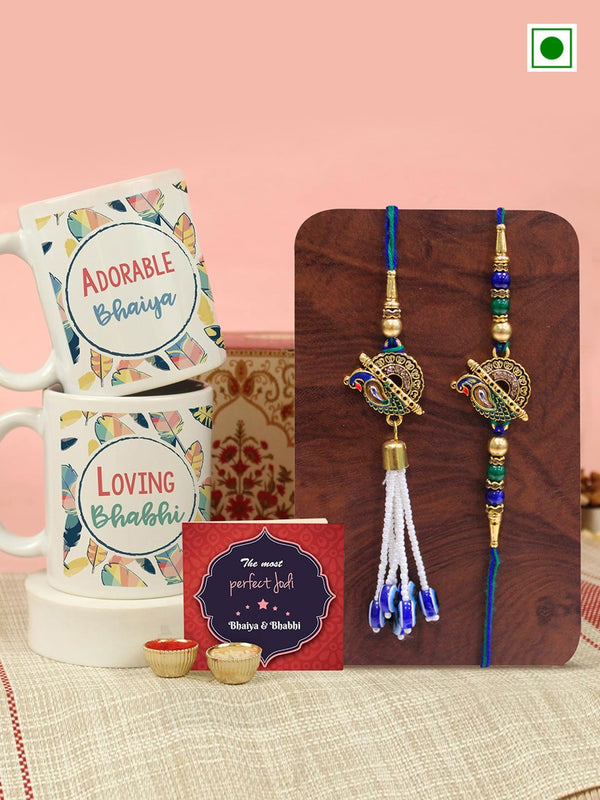 Designer Bhaiya-Bhabhi Rakhi With Set of 2 Mug, Card, Roli Chawal Tika