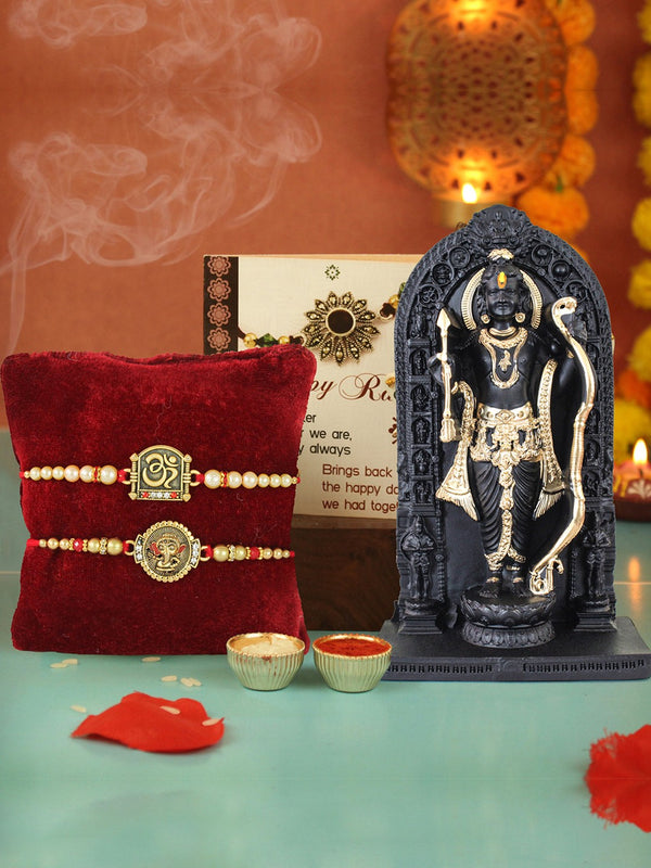 Adults Set Of 2 Premium Rakhi & Small Ram Lalla Idol Card Rakhi Gift Set