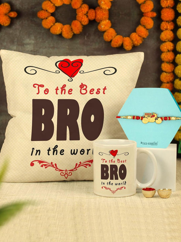 Bro Rakhi Gift Set With Cushion & Mug