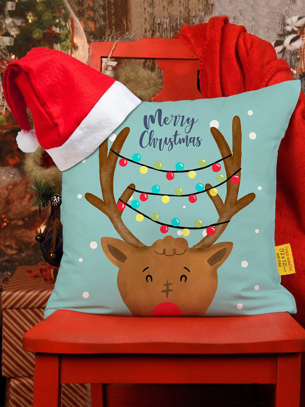 Multi Christmas Printed Cushion Cover With Filler & Santa Cap