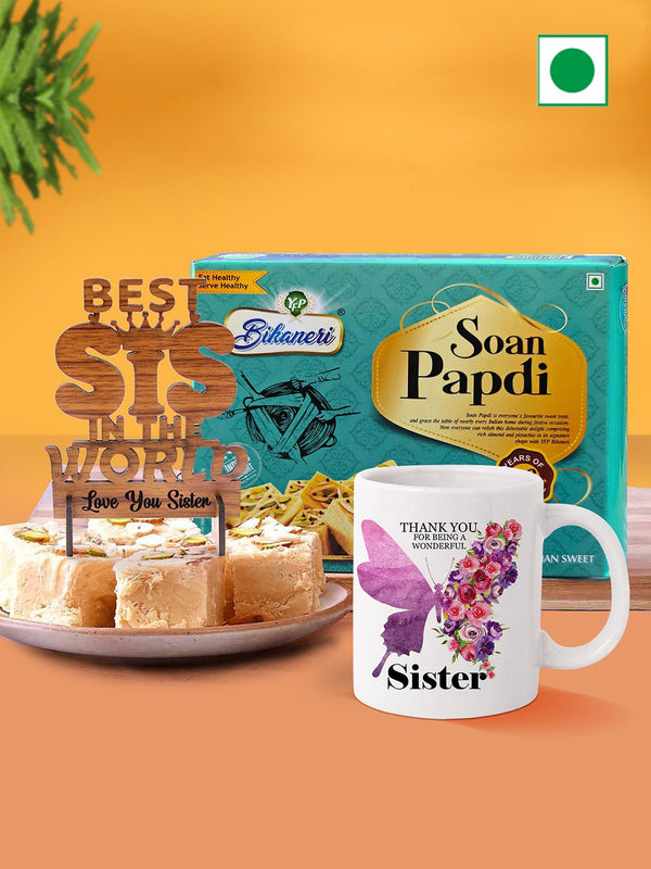 Printed Mug & Showpiece with Soan Papdi Sweet Box Gift Set