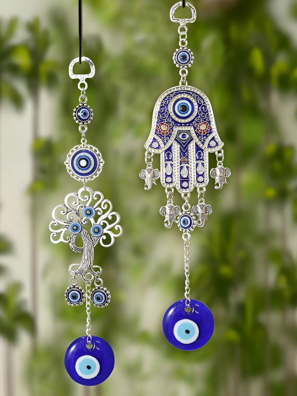 Blue & White 2-pcs Hamsa-Palm & Tree of Life Evil Eye Wall Hangings