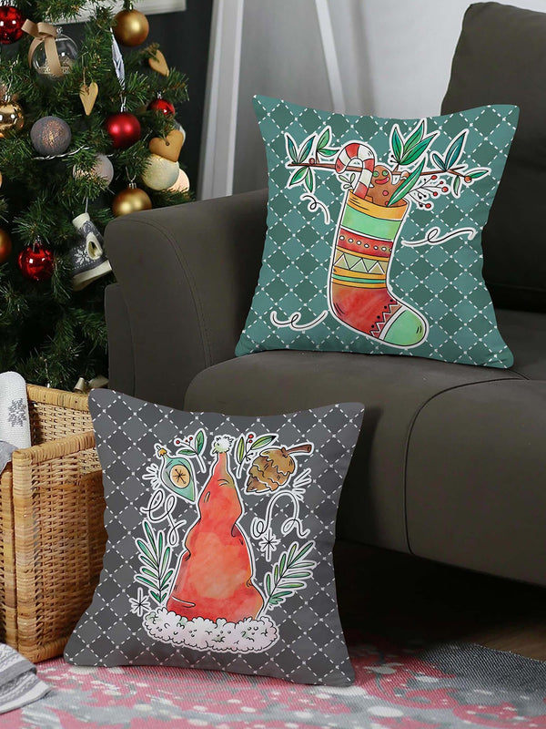 Green & Grey Set of 2 Ethnic Motifs christmas Square Cushion Covers