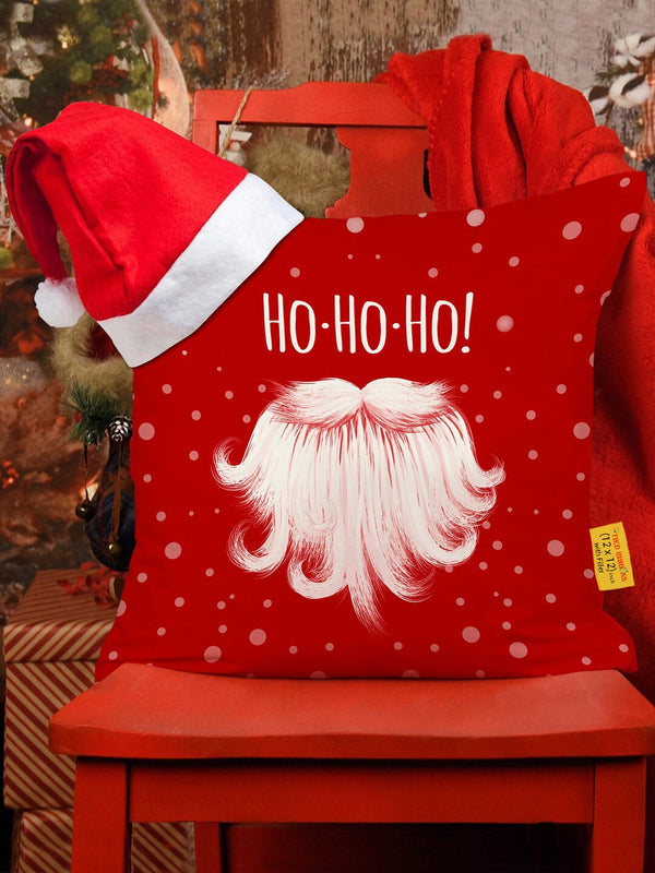 Red & White Christmas Printed Square Cushion Cover With Filler & Santa Cap