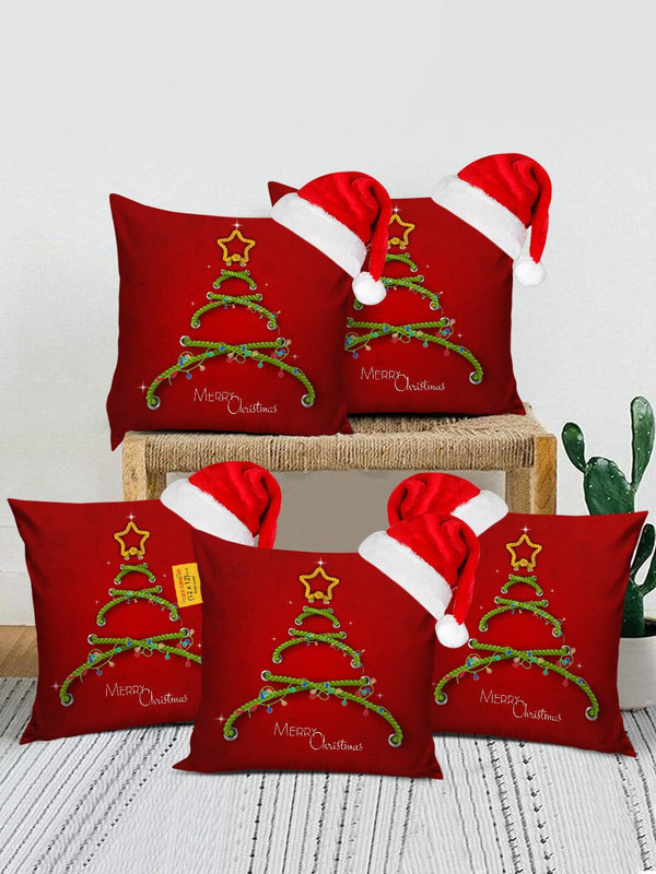 Red & Green Set of 5 Christmas Printed Cushion Covers With Santa Caps