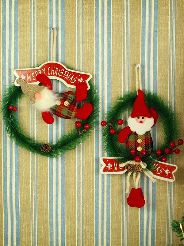 Set of 2 Green & Red Christmas Santa Wreath Hanging Festive Decor