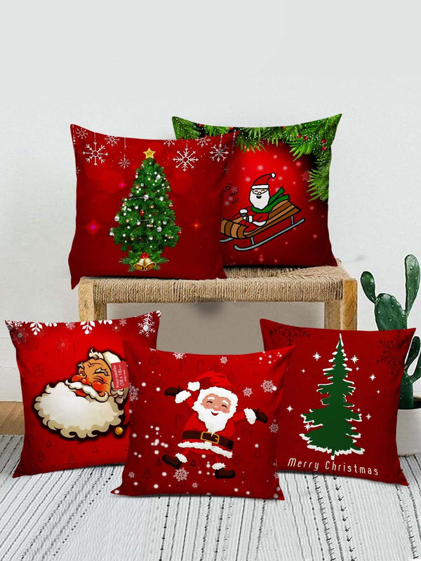 Red & Green Set of 5 Graphic Printed Square Cushion Covers