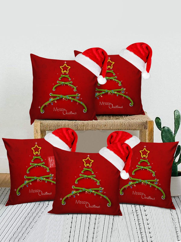 Maroon Set of 5 Christmas Printed Satin Square Cushion Covers With Santa Caps