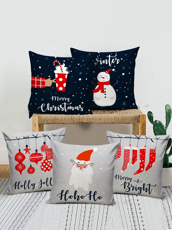 Navy Blue & Grey Set of 5Christmas Printed Square Cushion Covers