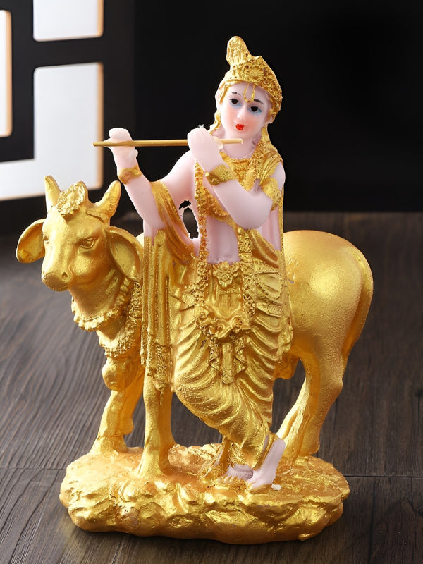 Gold-Toned & White Krishna Idol With Cow Statue Religious Idol Showpiece