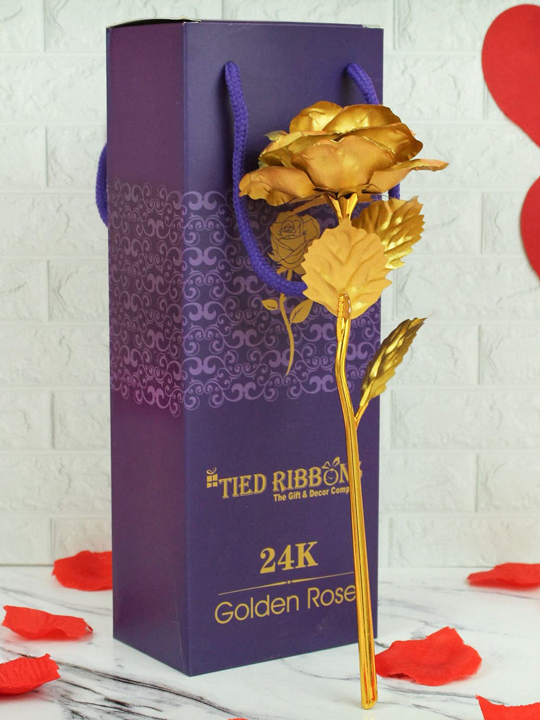 Stickon Roses Buy | Valentine Gold-Toned Artificial Rose Flower Stick | Tied Ribbons