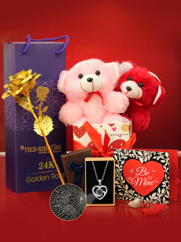 Romantic Gift Box Teddy Bear Card Pendant and Artificial Golden Rose Flower