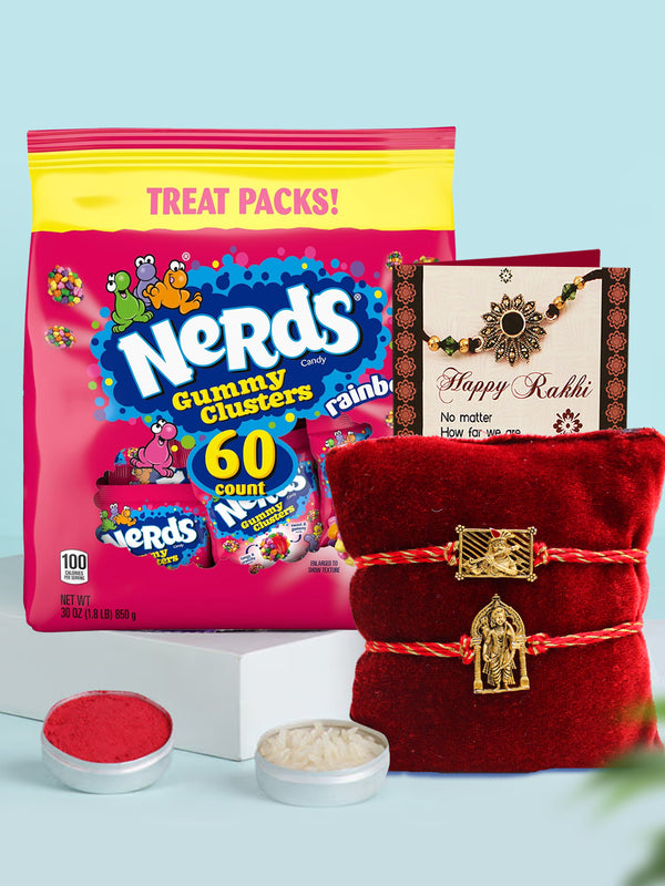 Attractive Oxidized Rakhi Set Of 2 With NERDS Gummy Clusters Candy