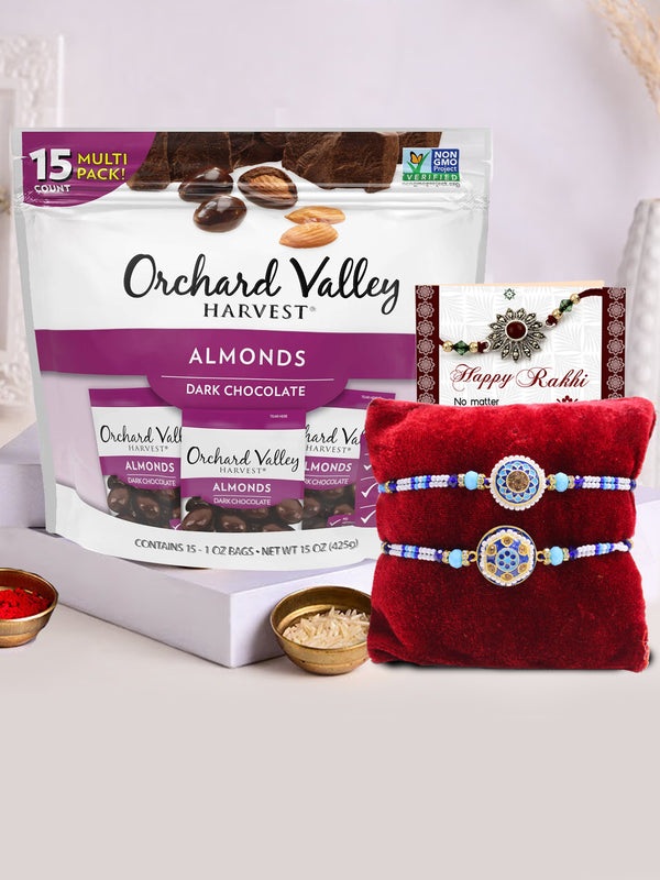 Semi-Precious Kundan Rakhi ( Set of 2) With Orchard Valley Harvest Dark Chocolate Almonds Pack