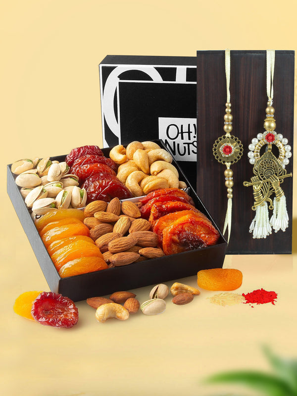 Floral Bliss Bhaiya Bhabhi Rakhi With Nuts & Dried Fruits Gift Basket