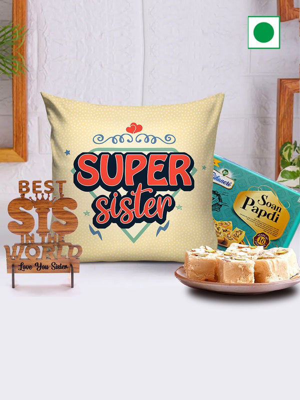 Printed Cushion & Showpiece with Soan Papdi Sweet Box Gift Set