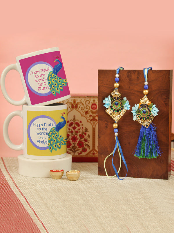 Rakhi for Brother and Bhabhi with Gift Set Printed Coffee Mugs (Set of 2, 325 ml) Wishes Card