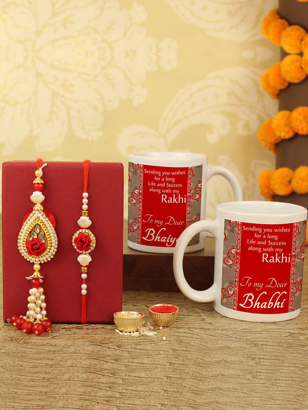 Rakhi for Brother and Bhabhi with Gift Set Printed Coffee Mugs (Set of 2, 325 ml) Rakhi Card