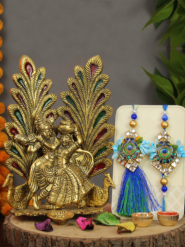 Rakhi for Brother and Bhabhi with Radha Krishna Statue Mini Card
