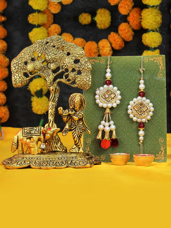Rakhi for Brother and Bhabhi with Gift Set, Krishna Idol and Wishes Card