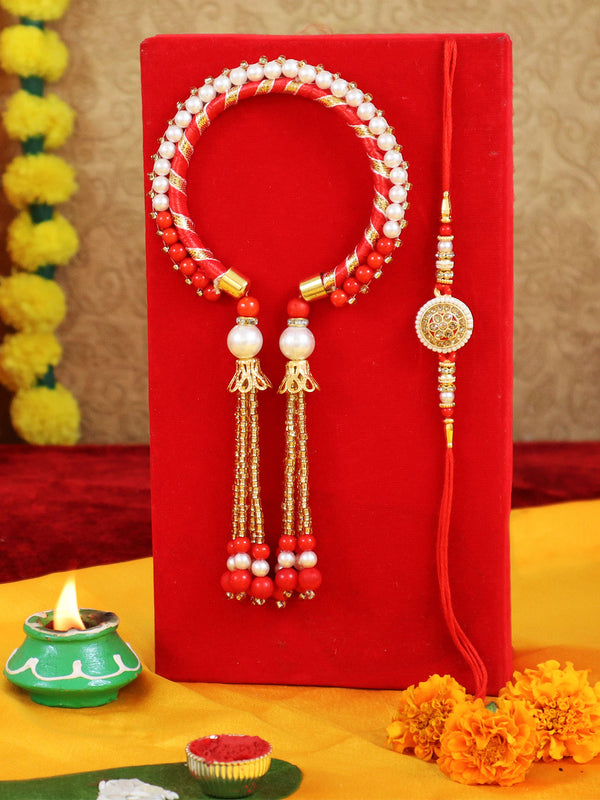 Rakhi Bhaiya  Bhabhi Lumba Rakhi with Mini Greeting Card and Roli Chawal Packet