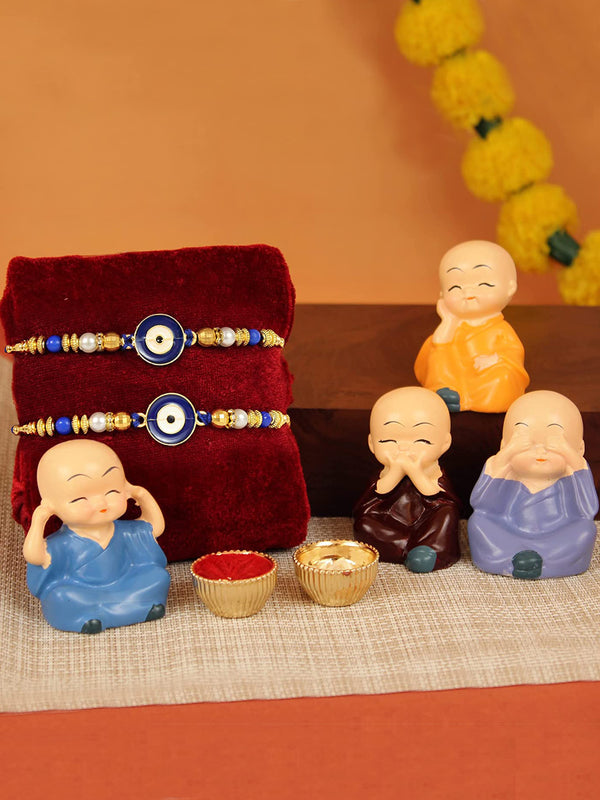 Rakhi for Brother with Gift Set Bhai Rakhi Set for Brother with Monks Statue (Set of 4) Mini Card