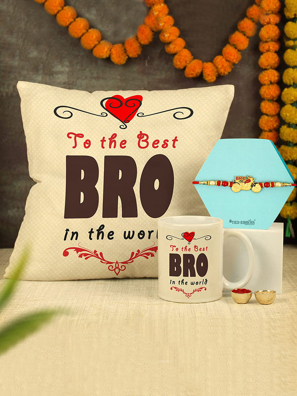 Bhai Rakhi Set for Brother - Raksha bandhan Rakhi Thread | Cushion with Filler (12 x 12 Inch) | Coffee Mug