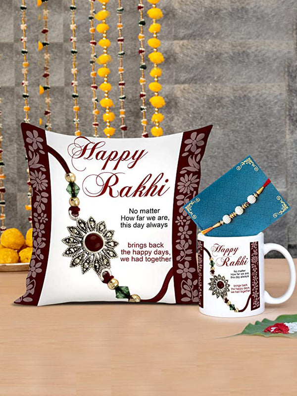 Raksha bandhan Rakhi for Bhaiya,Cushion Filler (12 x 12 Inch) with Coffee Mug (325 ml) and Rakhi Card