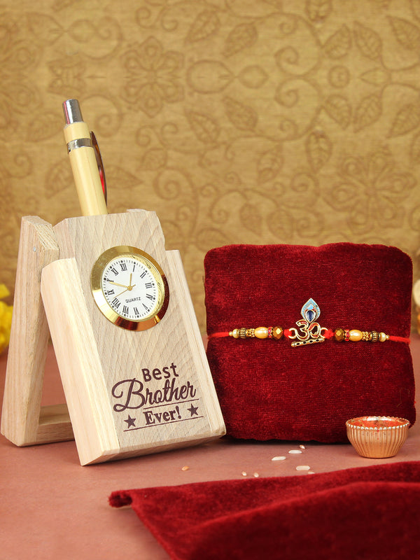 Rakhi for Brother with Gift Wooden Pen Stand with Pen and Mini Card, Roli Tika