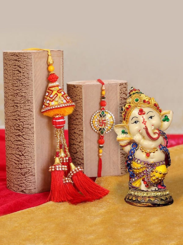 Rakhi for Bhaiya Bhabhi with Gift with Ganesha Idol Figurine Statue, Raksha bandhan Card and Roli Chawal Packet
