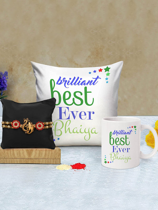 Rakhi for Brother with Gift Set, Ceramic Coffee Mug (325 ml), Cushion with Filler (12 x 12 Inch)