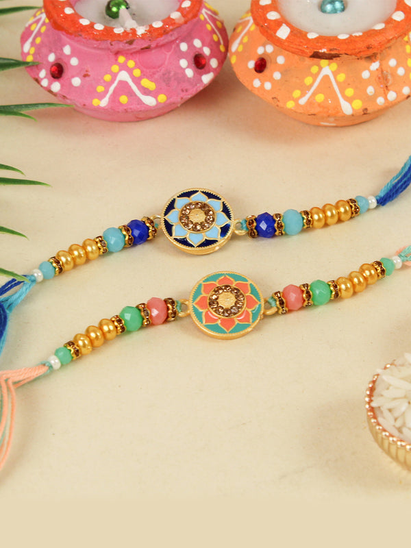 Set of 2 Designer Rakhi with Wishes Card and Roli Chawal Tika