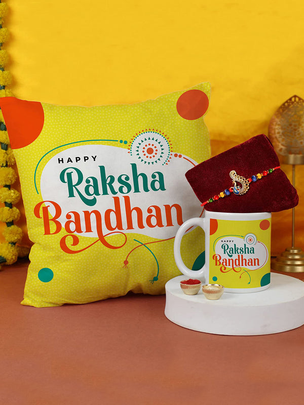 Raksha bandhan Rakhi Thread with Cushion Filler (12 x 12 Inch) and Coffee Mug (325 ml) Greeting Card