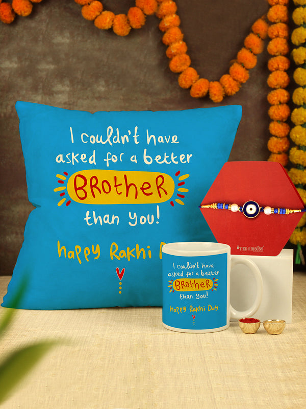 Rakhi Set for Brother - Bhai Rakhi | Printed Cushion with Filler (12 x 12 Inch) | Coffee Mug (10 Oz)